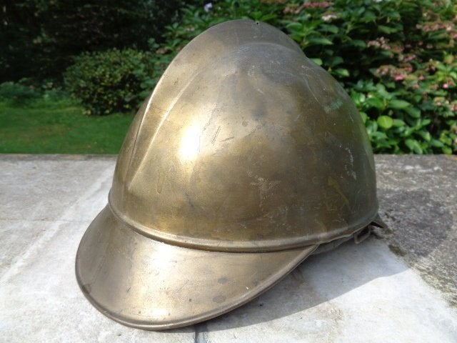 Oude messing brandweer helm met intact binnenwerk, Ophalen of Verzenden