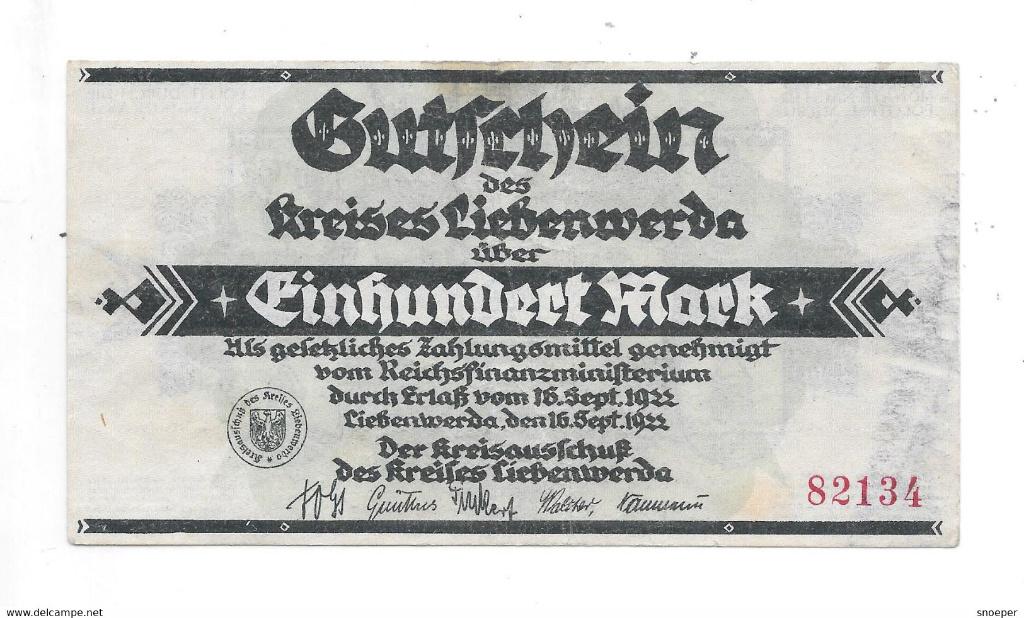 liebenwerda 100mark 16/9//1922 kn 4,5 mm rot 2720.1a 10 euro, Postzegels en Munten, Verzenden, Duitsland, Los biljet