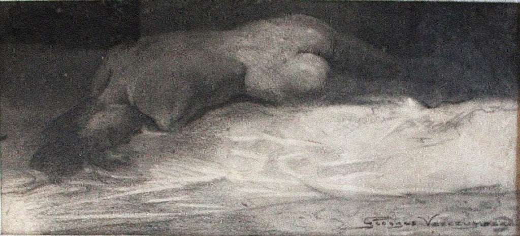 Georges Vercruysse - houtskooltekening, Ophalen, Houtskooltekening, Achter glas