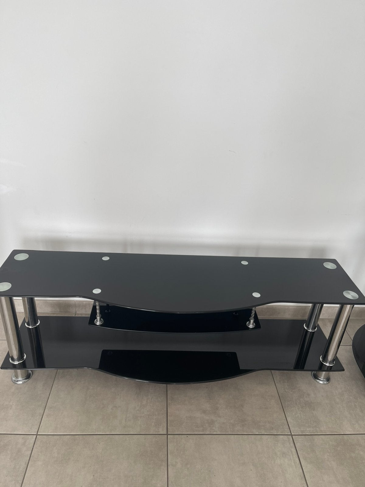 Modern tv-meubel van gehard glas in zwart en chroom, Ophalen, Minder dan 50 cm, Gebruikt, Glas