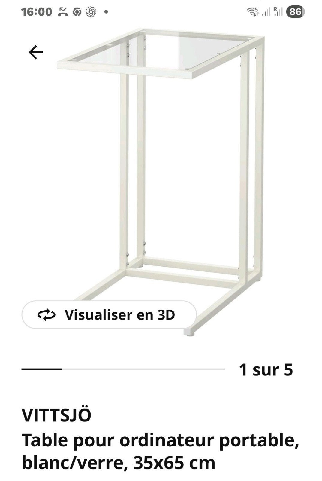 IKEA VITTSJO bijzettafel van metaal en glas, Huis en Inrichting, 55 tot 75 cm, Rechthoekig, Moderne, Ophalen