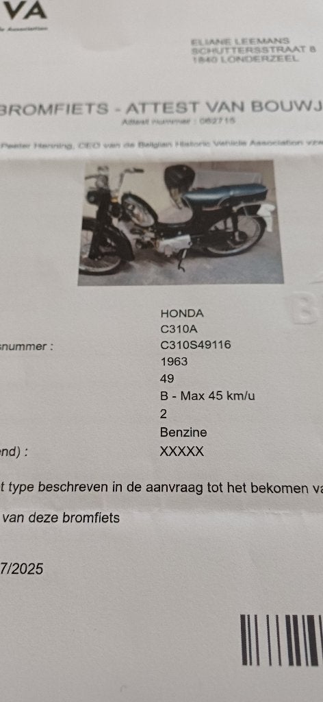 Oldtimer brommer Honda C310A, Fietsen en Brommers, Ophalen, Gebruikt, Overige modellen, Klasse B (45 km/u)