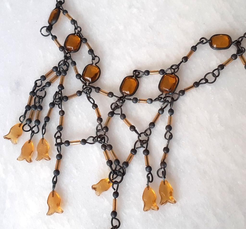 Halsketting vintage art deco met amber, Neuf, Réglable, Autres matériaux, Orange