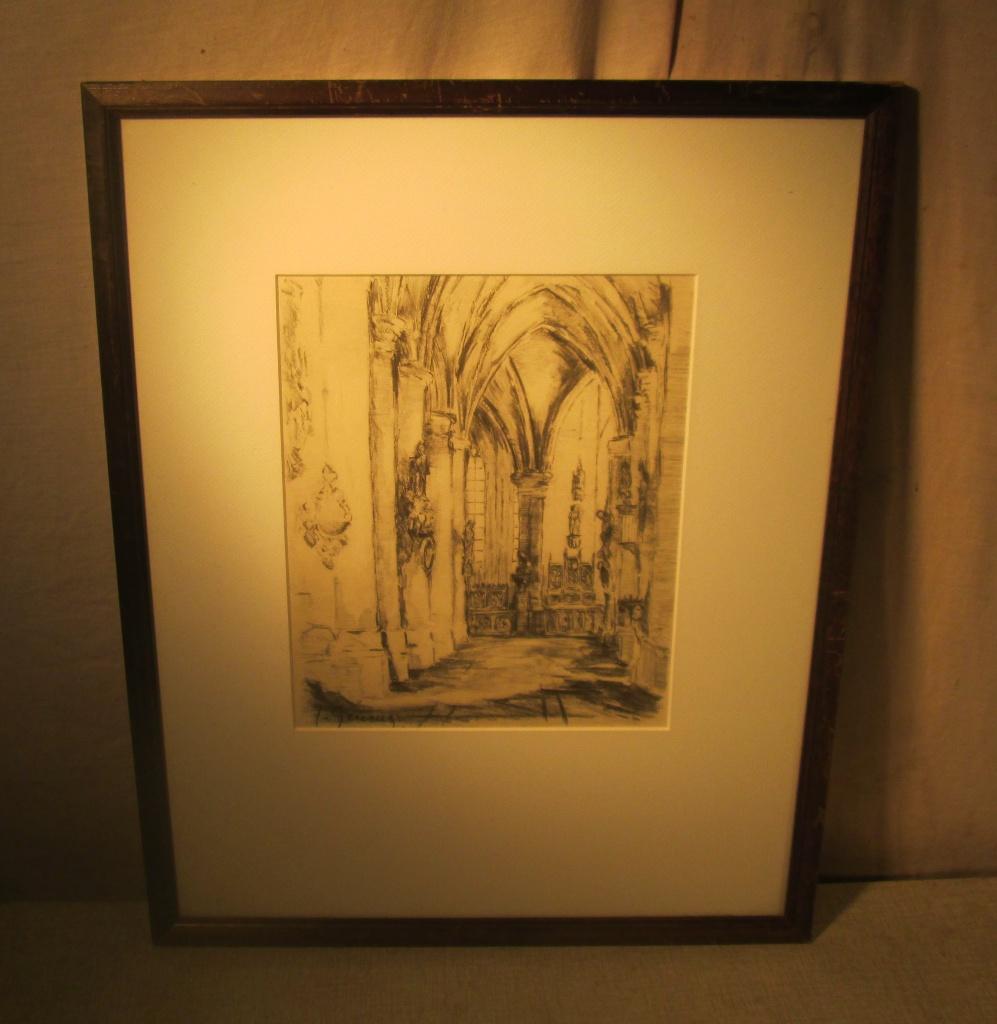 Aquarelle peinte « À l'intérieur de l'église » - Geuens, Antiquités & Art, Enlèvement ou Envoi