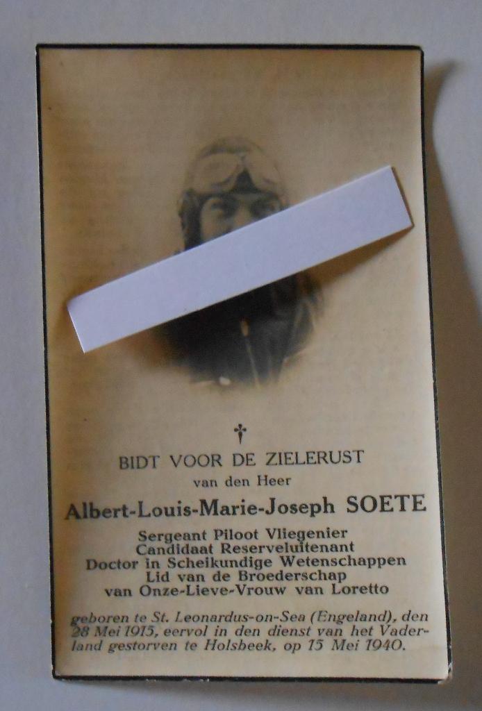 Carte de prière Pilote Belge Albert SOETE ABBL Mai ‘40 KIA, Collections, Enlèvement ou Envoi, Armée de l'air, Autres types
