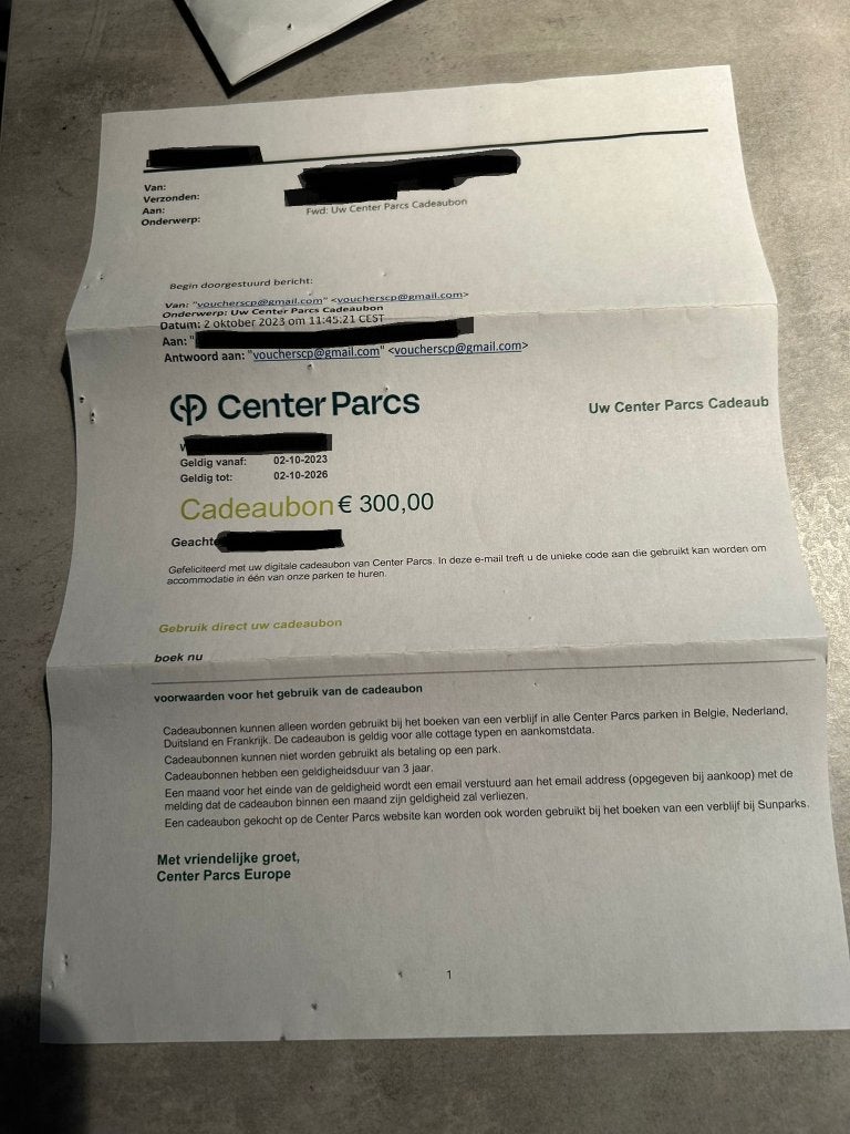 Bon Centerparcs d'une valeur de 300€, Tickets & Billets, Trois personnes ou plus, Bon cadeau, Forfait, Parcs de bungalows