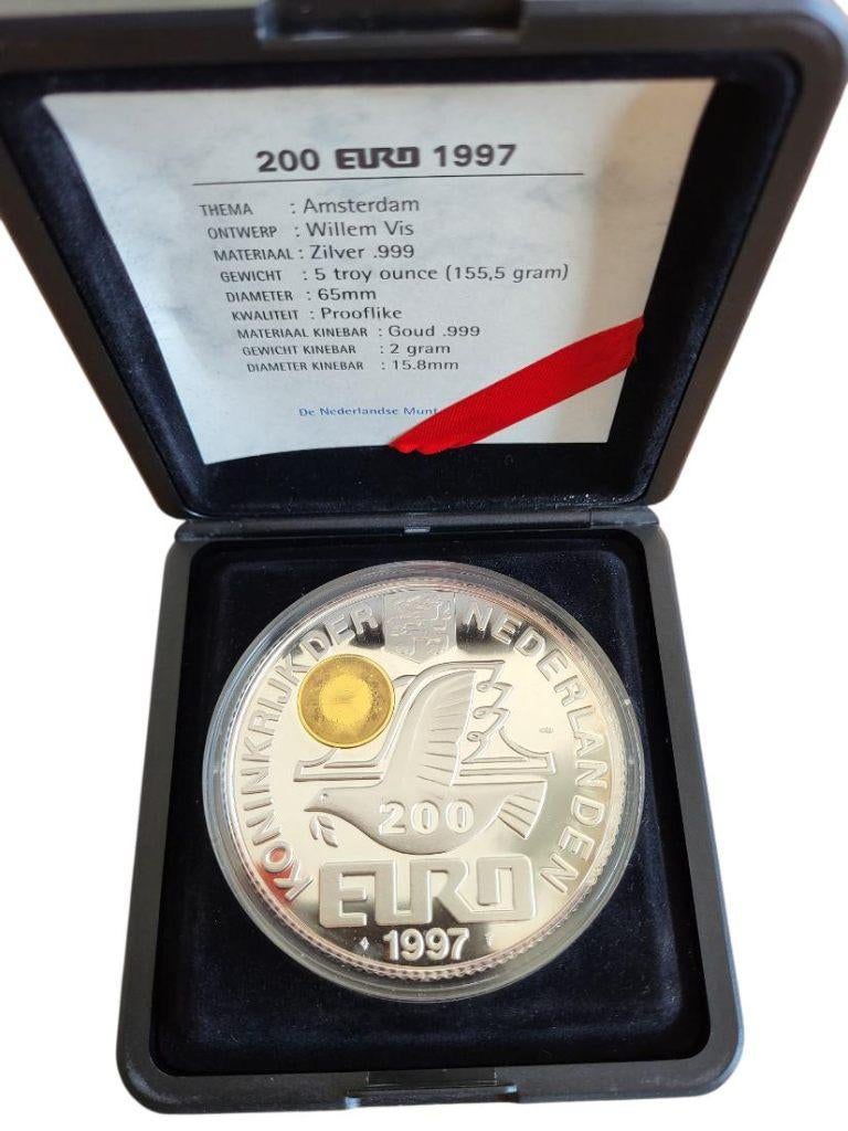 Nederland Zilveren 200 Euromunt 1997 met Gouden Kinebar, Ophalen of Verzenden, Goud