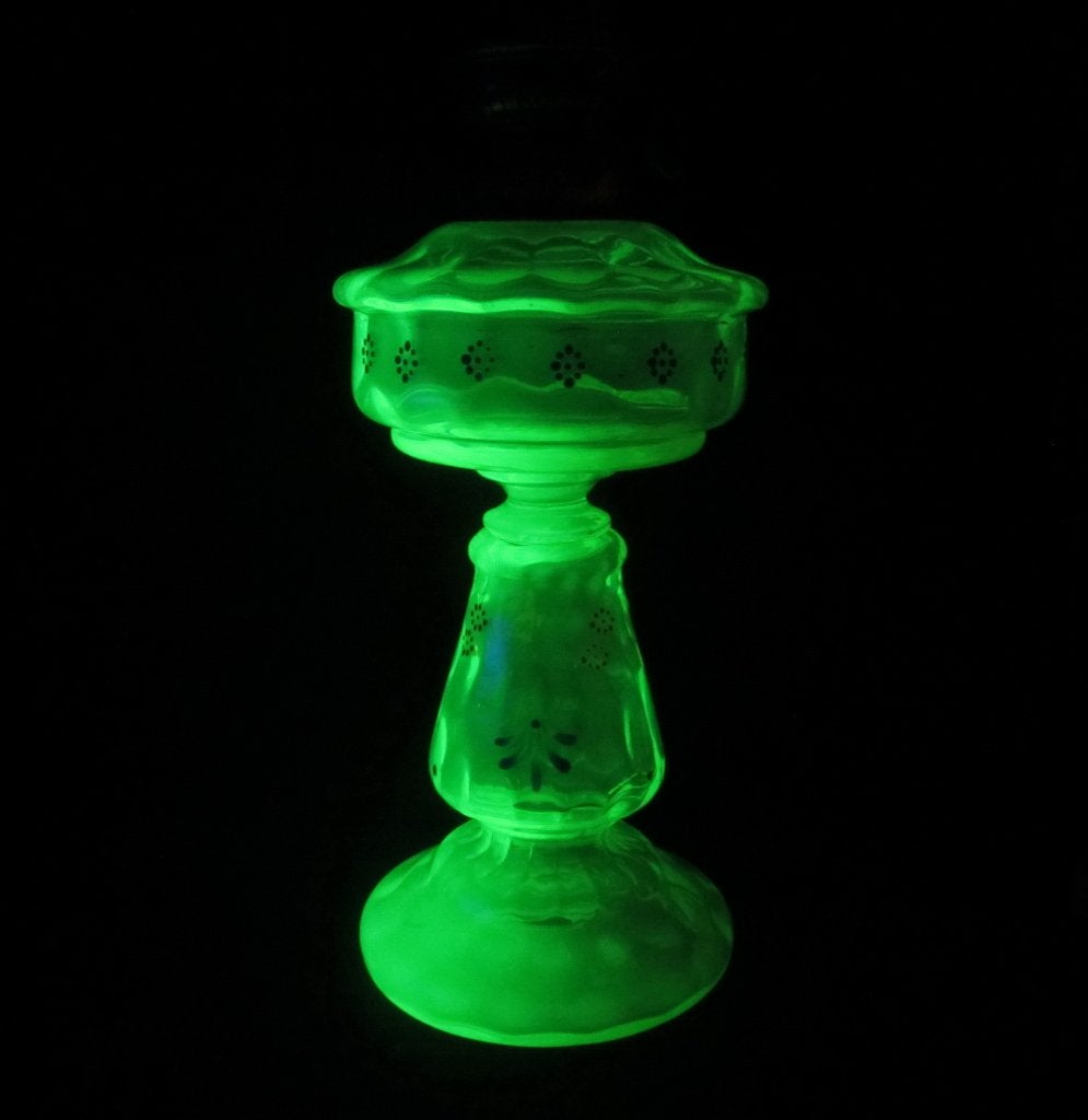 Antieke vaseline uranium glas petroleumlamp; RAAR, Ophalen of Verzenden