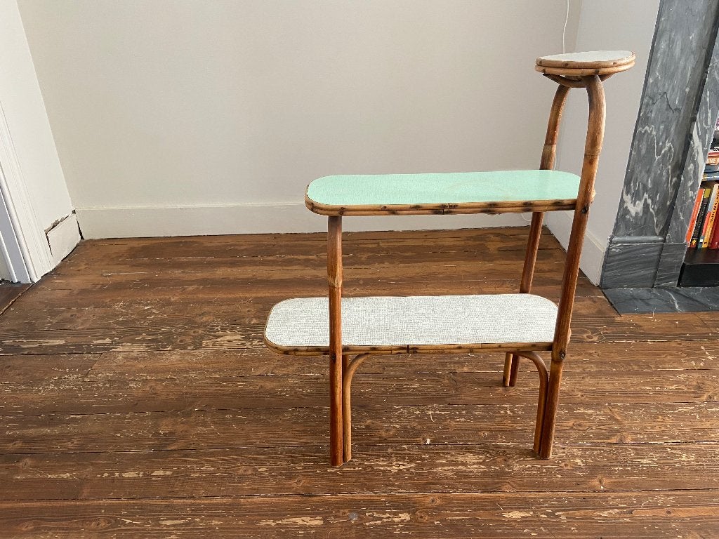 Vintage rotan bamboe formica rekje (lichtgroen/witgrijs), Antiek en Kunst, Curiosa en Brocante, Ophalen