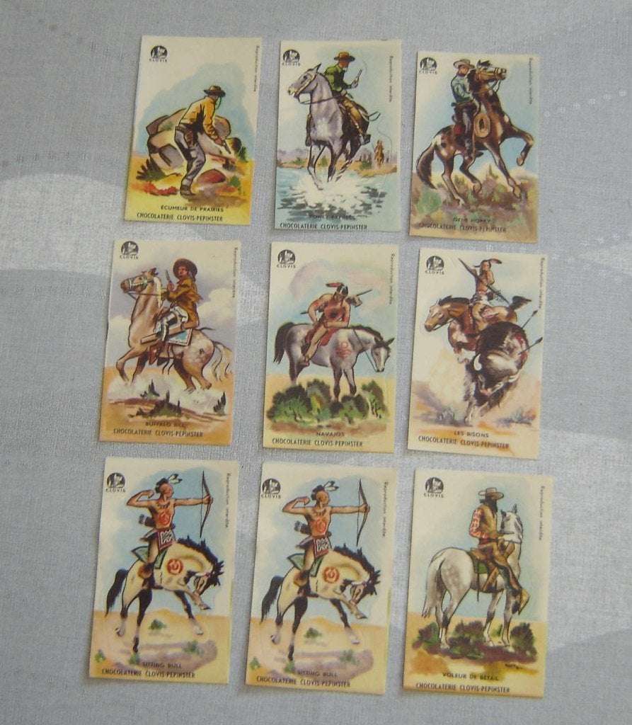 Chromos Clovis Cowboys en chocolat, 9 pièces, Gravure, Utilisé, Envoi, 1940 à 1960
