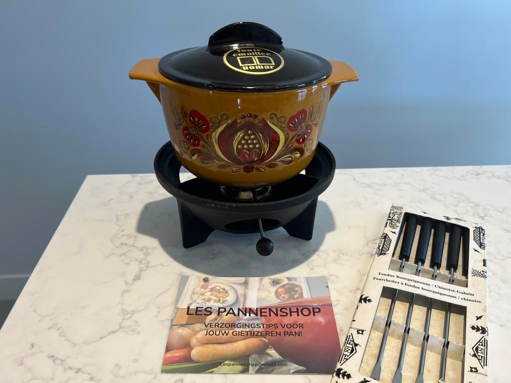 Nomar fonduepannetje met brander en vorkjes, Ophalen of Verzenden, Gietijzer, Koekenpan of Braadpan, Keramische plaat