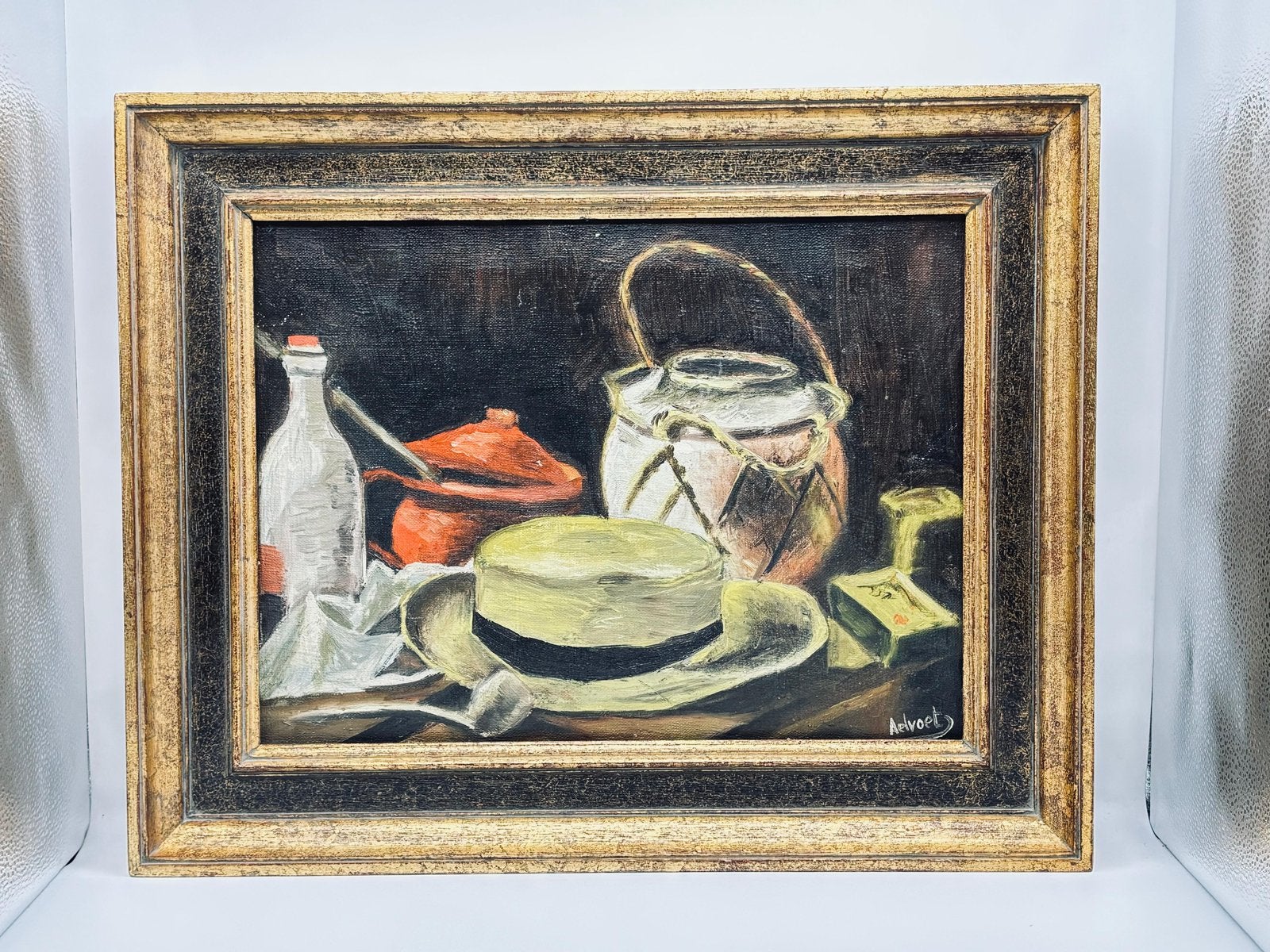 Vintage olieverfschilderij stilleven jaren 60 – gesigneerd, Antiek en Kunst, Ophalen, Doek, Stilleven, Gesigneerd