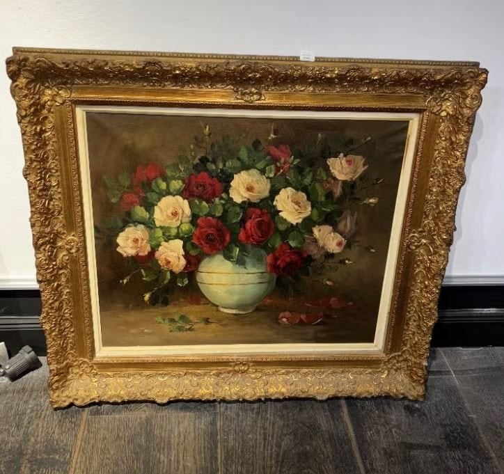 Huile sur toile signée J.Payne Bouquet de roses dans un vase, Peinture à l'huile, Enlèvement, Nature morte, Toile