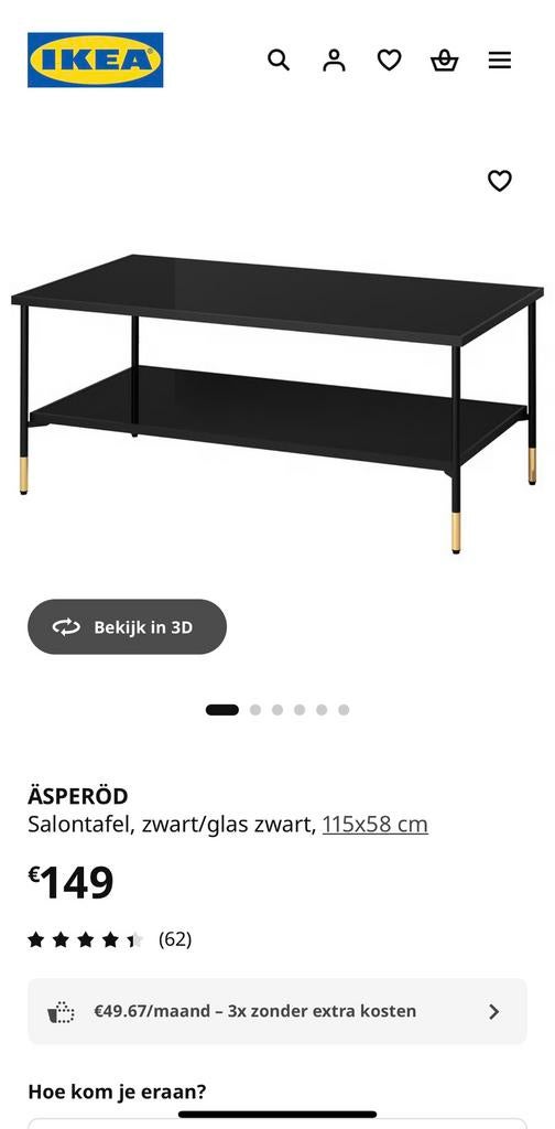Salontafel Ikea zwart + glas, Ophalen, 100 tot 150 cm, Rechthoekig, Glas