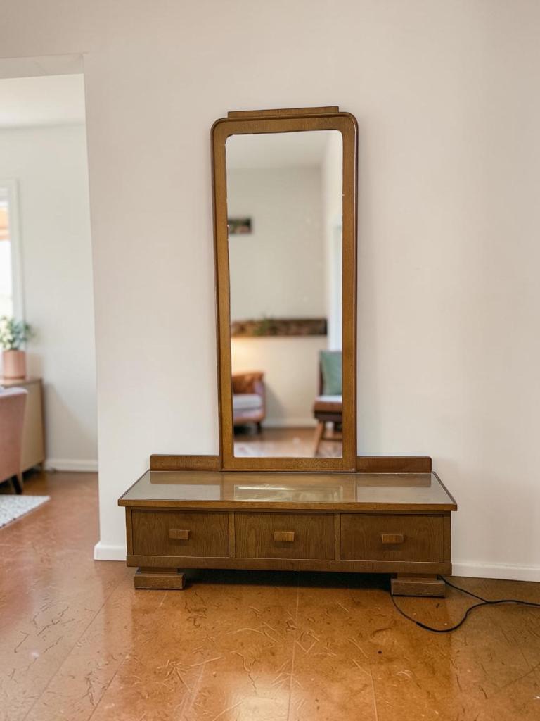 Vintage houten lage kaptafel met spiegel, Verzenden, Gebruikt