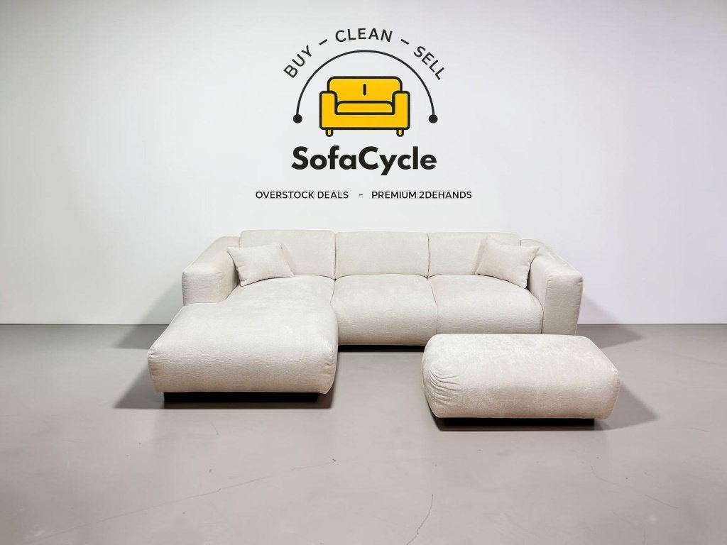 Hoekzetel wit bouclé met sierkussens, hoek links – nieuw, Gebruikt, Zonnestraat 223-229, 9600 Ronse, België, Info@sofacycle.be