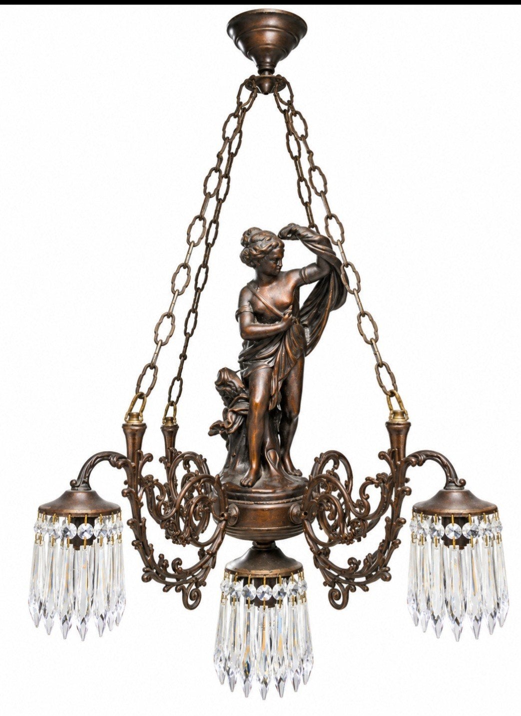 vintage bronzen kroonluchter met vrouwenfiguur en kristal, Ophalen, Gebruikt