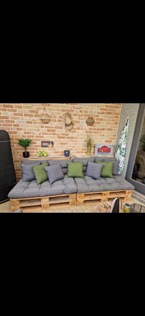 Pallet lounge met grijze loungekussens en sierkussens, Tuin en Terras, Ophalen