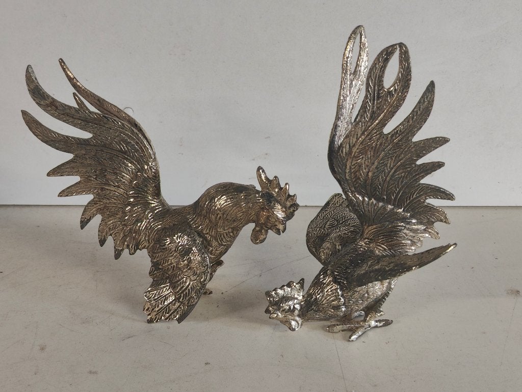 Vintage mid-century verzilverde beelden van vechtende hanen, Antiek en Kunst, Antiek | Brons en Koper, Ophalen of Verzenden, Brons