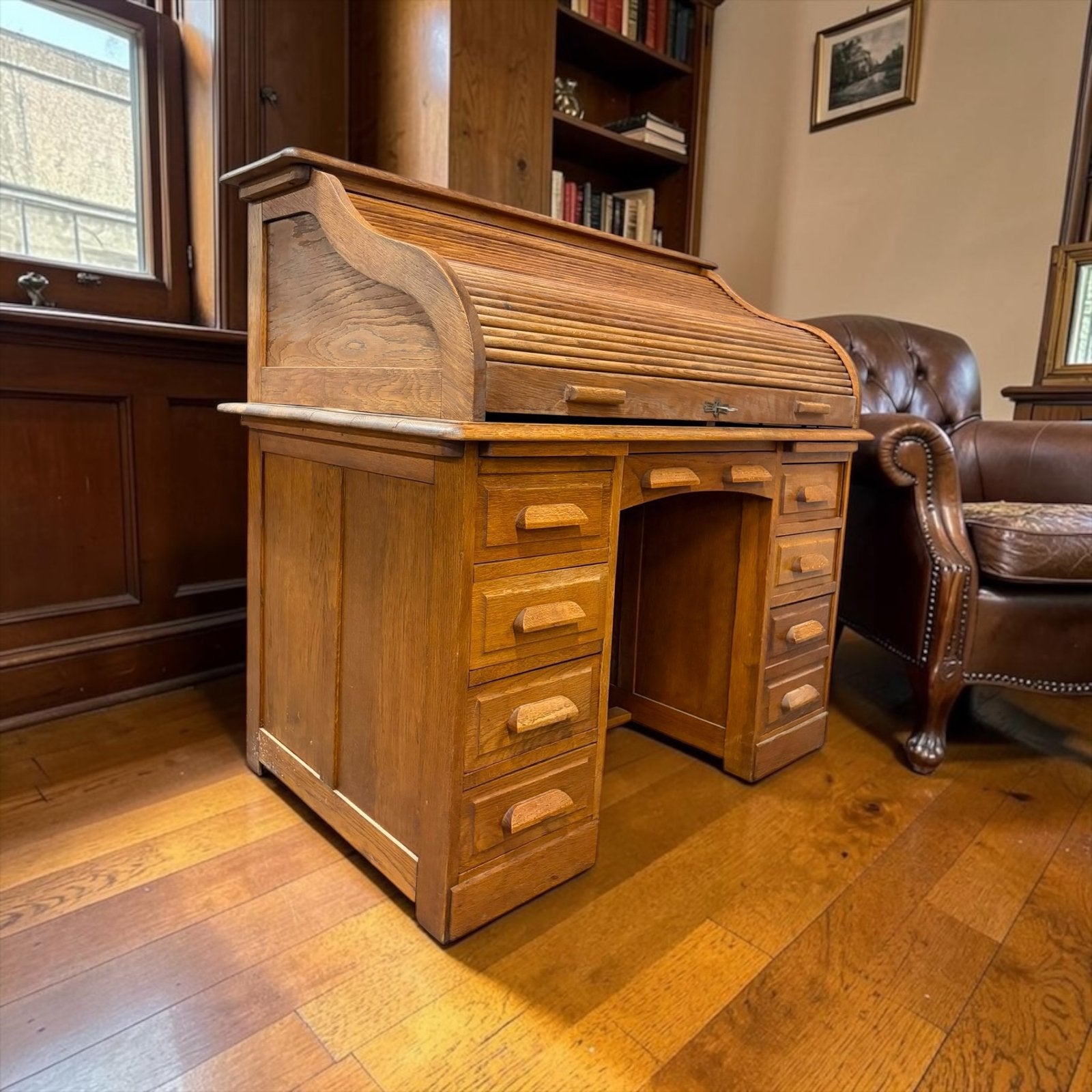 Vintage houten Amerikaanse bureau / schrijftafel, Antiek en Kunst, Verzenden
