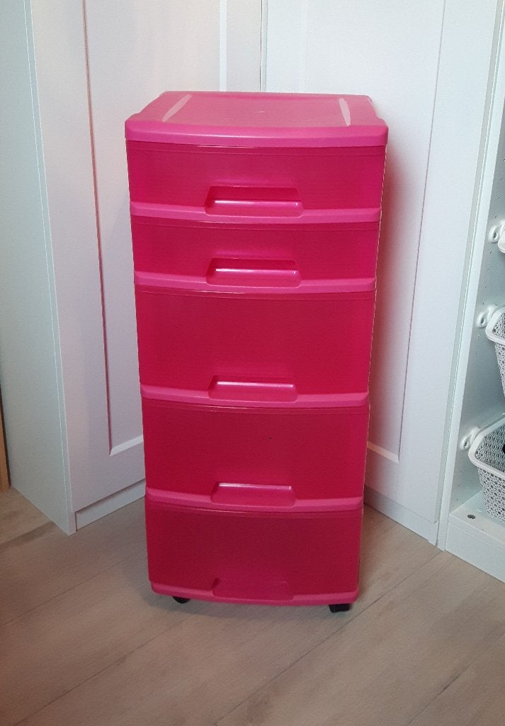 Fuchsia kunststof stevig rek op wielen met 5 ladeboxen, Huis en Inrichting, Ophalen of Verzenden