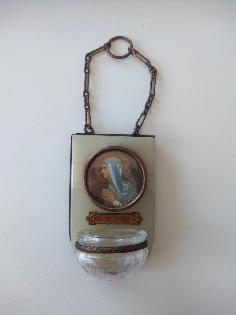 Antiek wijwatervat van albast en koper Lourdes art deco, Ophalen