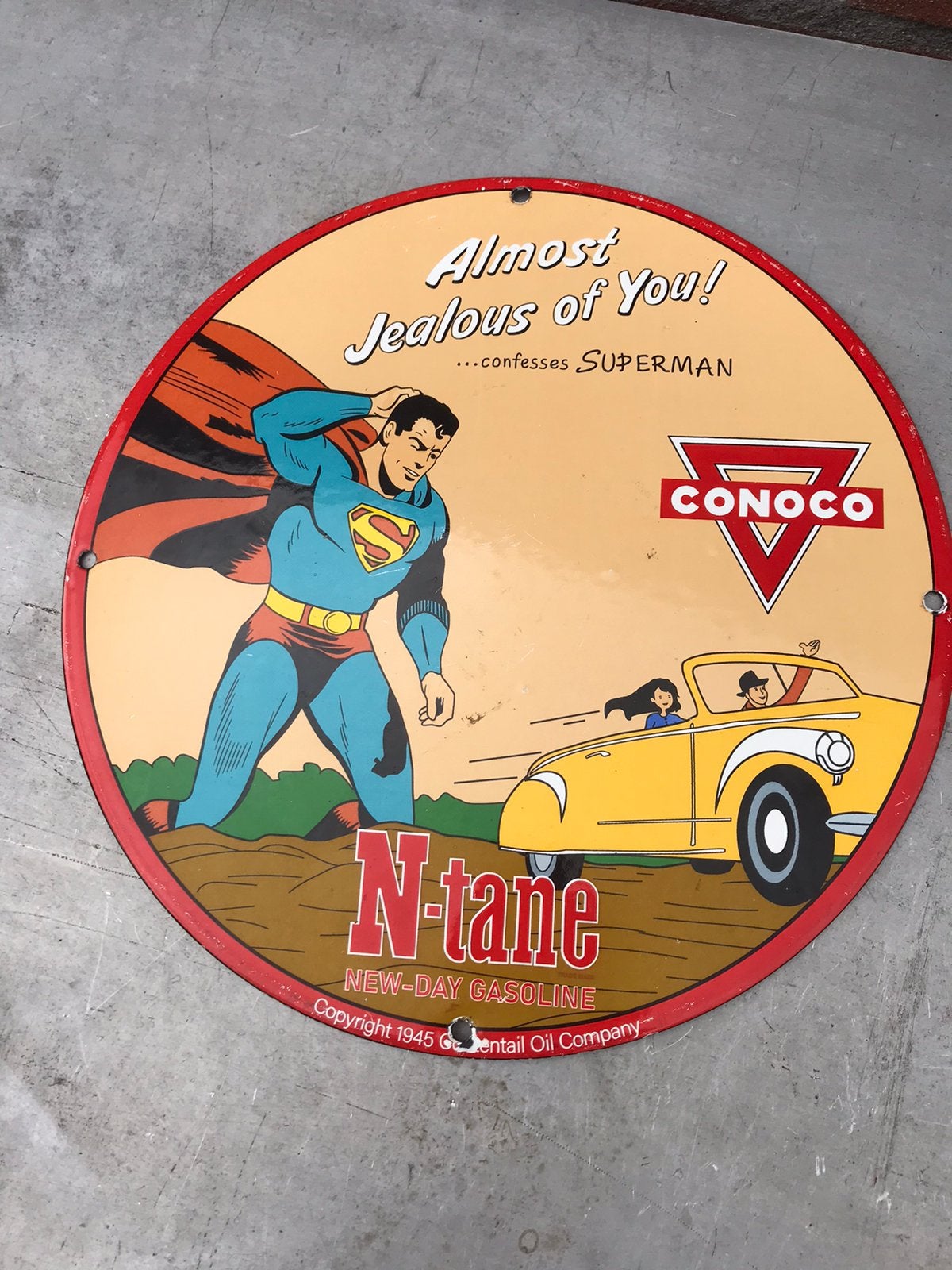 Plaque en émail Conoco Superman, Enlèvement ou Envoi, Utilisé, Panneau publicitaire