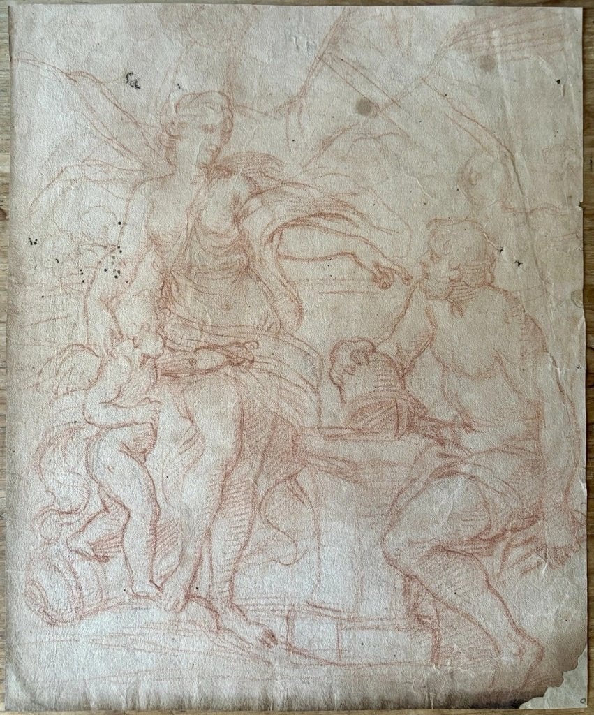 Oud origineel sanguinetekening op vergeerd papier, Antiek en Kunst, Ophalen, Origineel