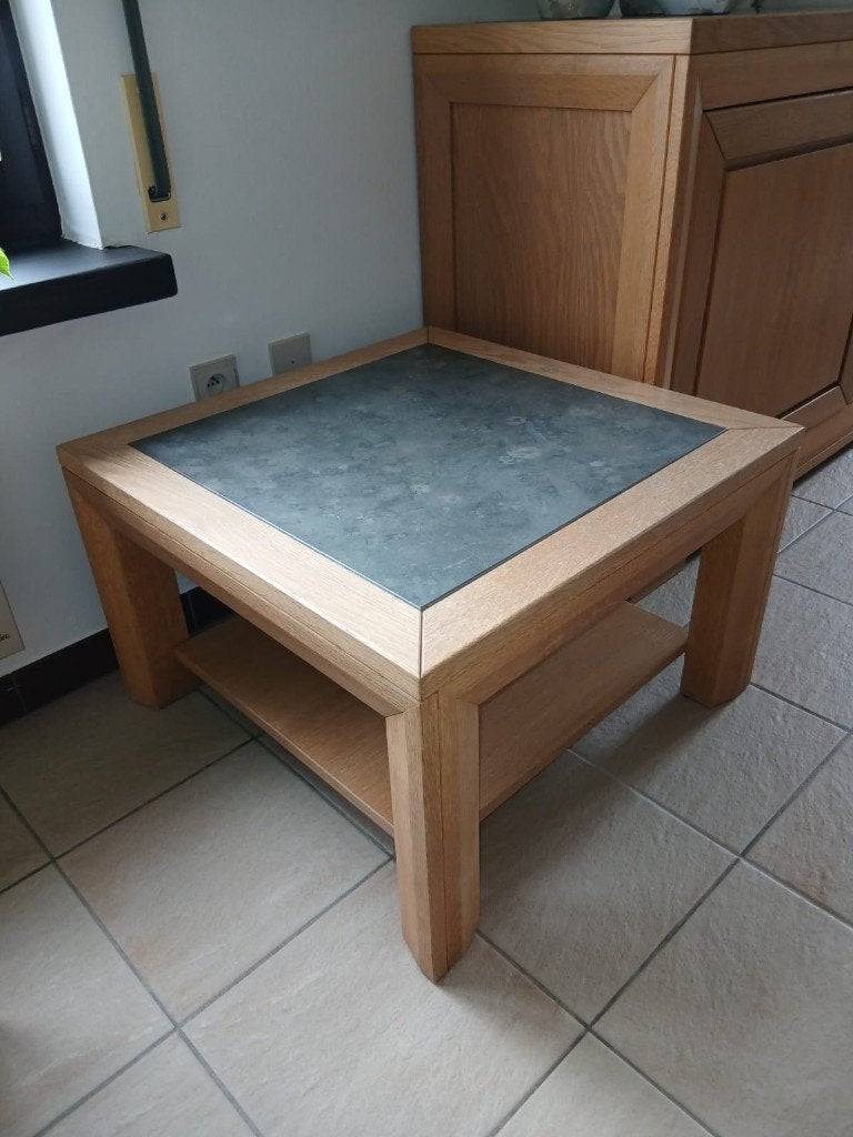 Massief eiken salontafel met blad in natuursteen, Enlèvement, Chêne