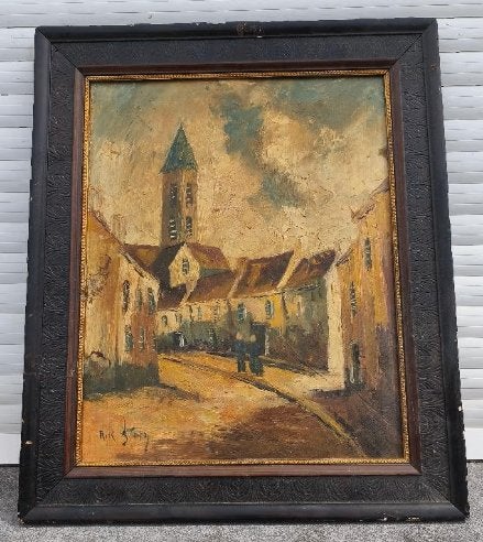 Huile sur panneau ruelle signe rik staps, Enlèvement ou Envoi, Panneau