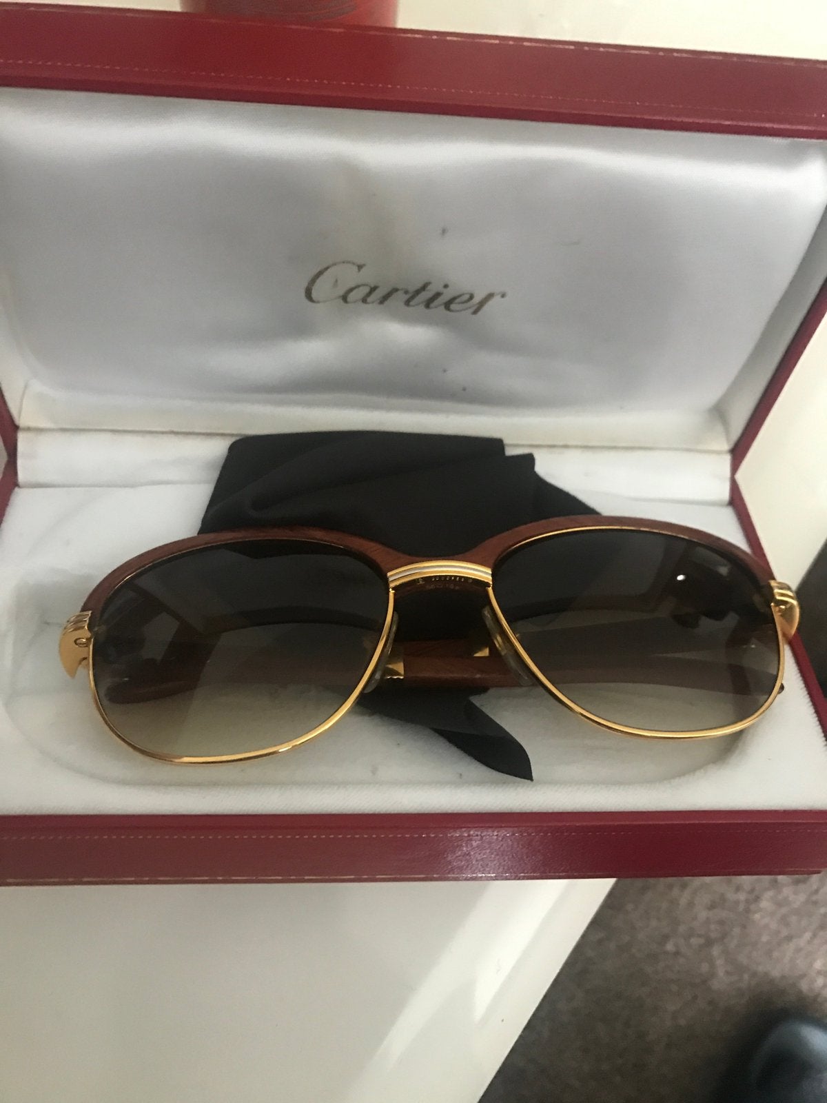 Cartier Malmaison Zonnebril Vintage Jaren '90 Goud/Eikenhout, Ophalen of Verzenden, Zo goed als nieuw, Zonnebril