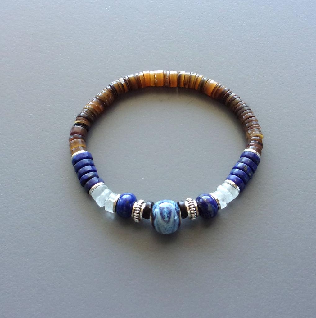 Surferarmband man of vrouw in keramiek, lapis en parelmoer, Handtassen en Accessoires, Armbanden, Met bedels of kralen, Blauw