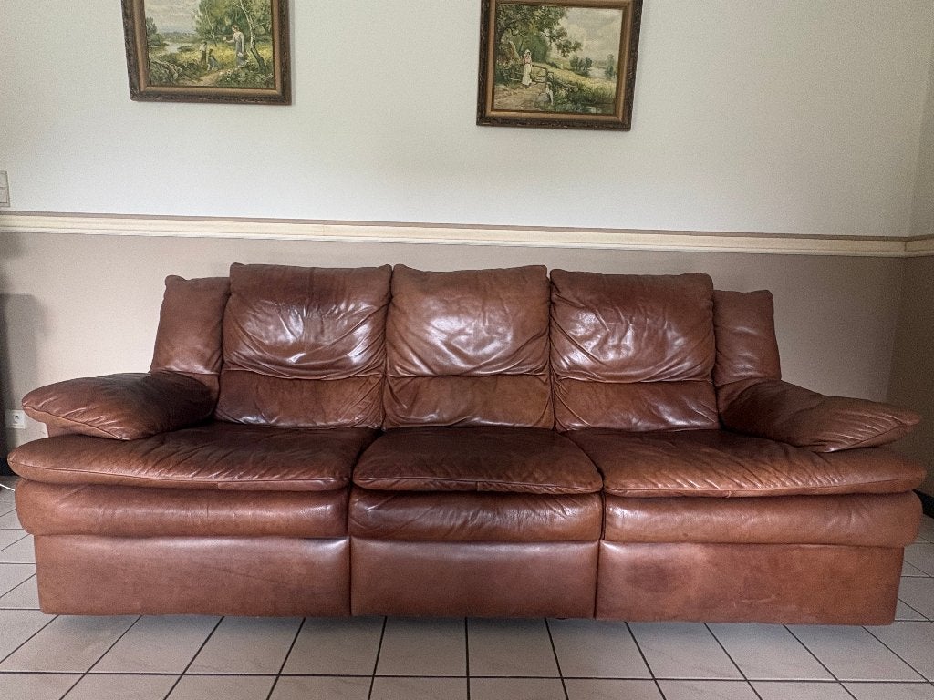 Canapé vintage en cuir brun patiné – 3 places – 2 relax, 200 à 250 cm, Banc droit, Enlèvement, Utilisé