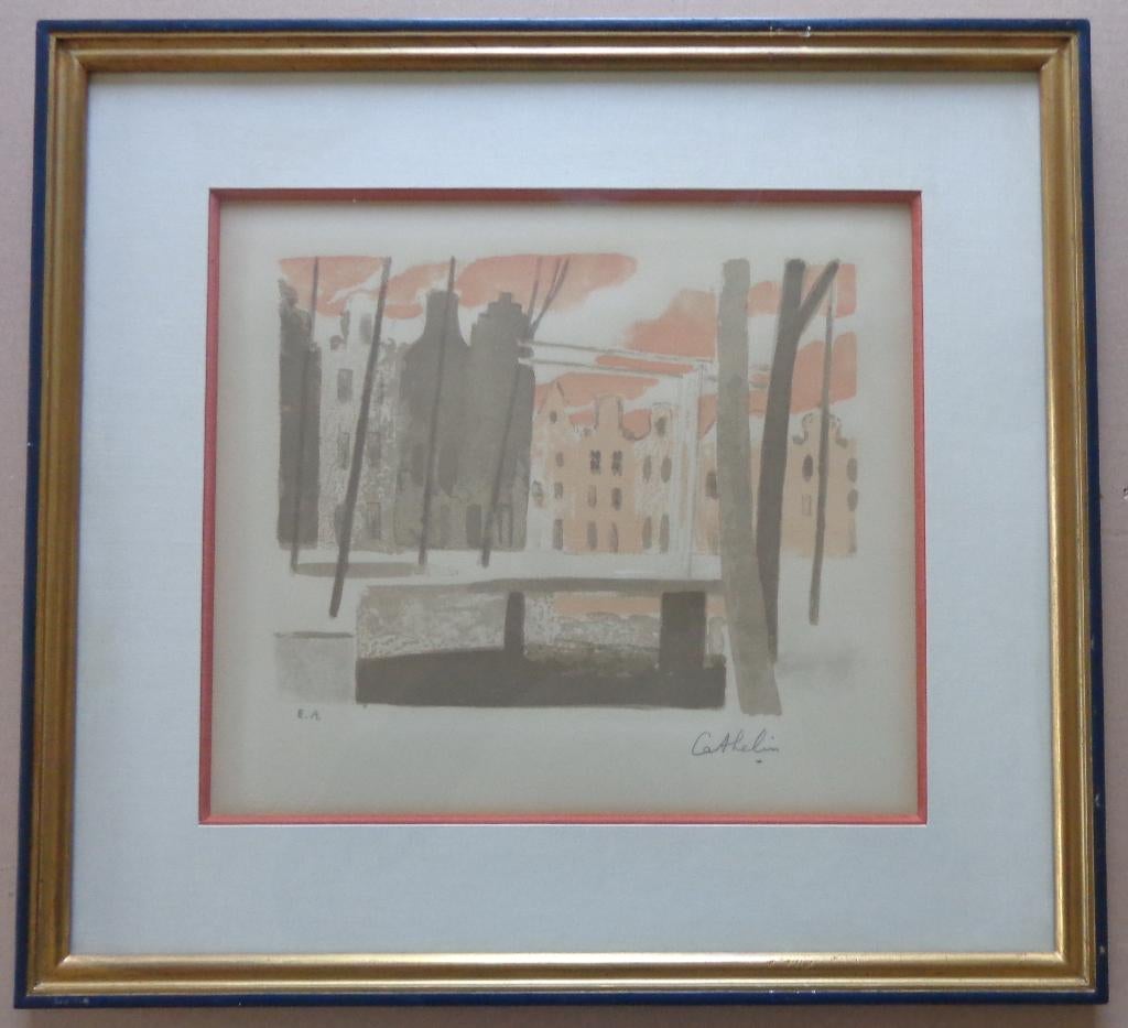 BERNARD CATHELIN / STADSZICHT / KLEURLITHO / 47x51cm / KADER, Signé, Enlèvement ou Envoi
