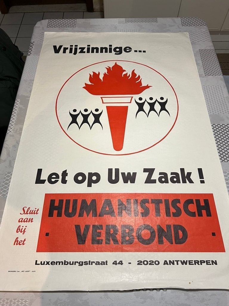 Vintage Poster Vrijzinnige... Let op uw Zaak! Humanistisch V, Verzamelen, Deurposter of groter, Ophalen of Verzenden, Overige onderwerpen