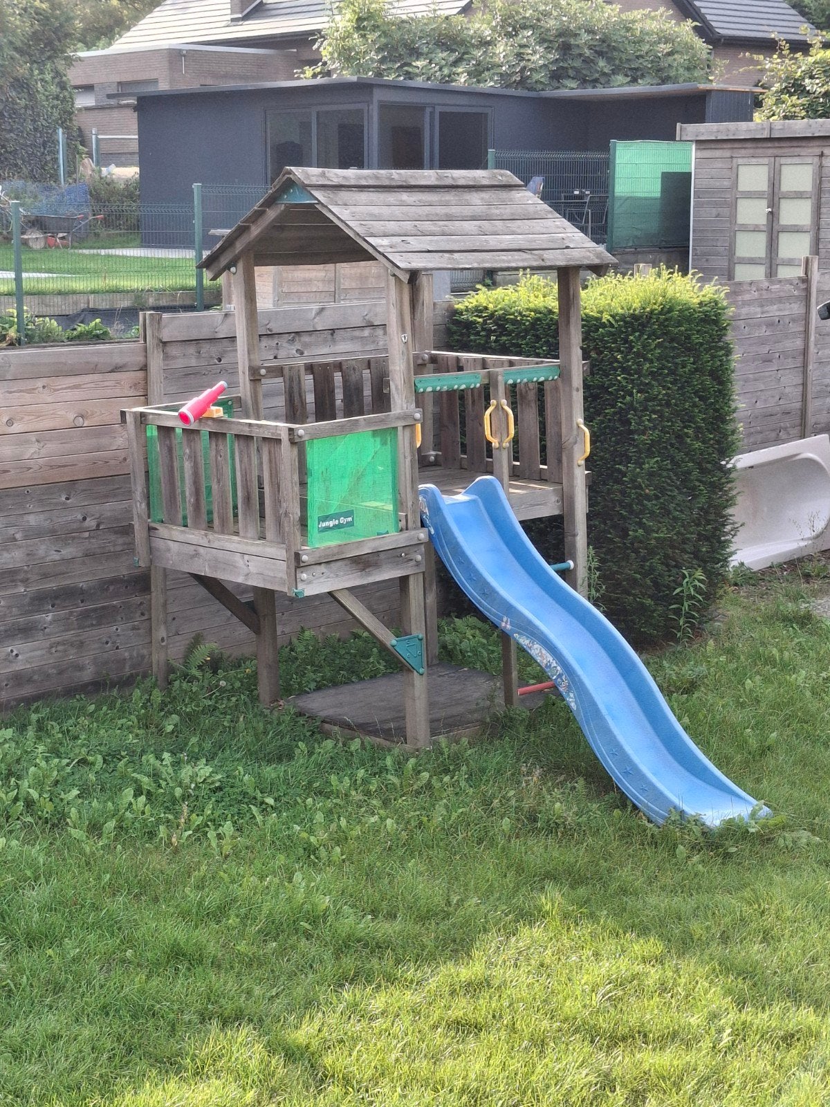 houten speelhuisje jungle gym, Ophalen, Gebruikt, Glijbaan