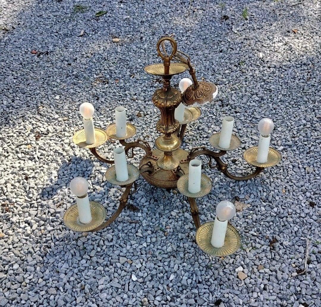 goudkleurige luster, Maison & Meubles, Lampes | Lustres, Enlèvement, Utilisé, Métal