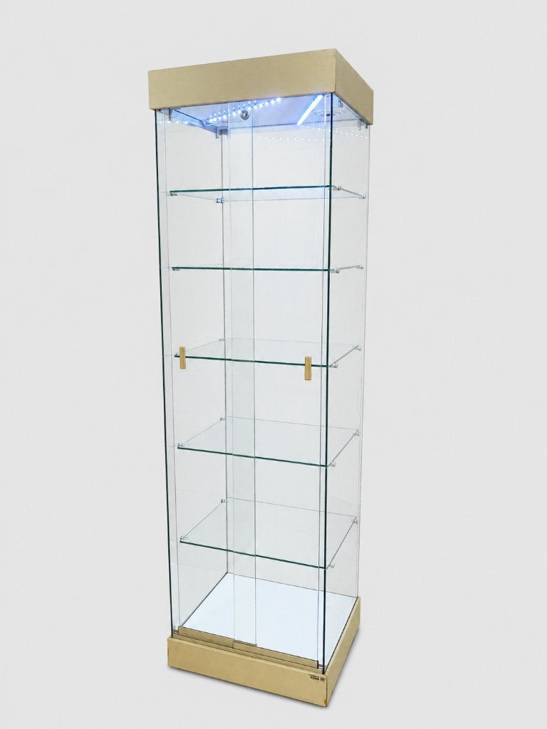 Glazen vitrinekast met 5 laden en LED-verlichting, Ophalen, Gebruikt, 50 tot 100 cm, Glas