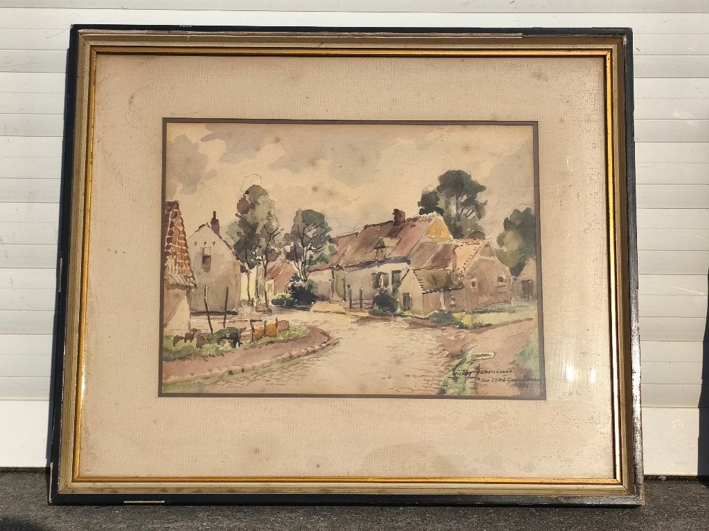 Aquarelle ruelle signe victor fermeuse, Antiek en Kunst, Kunst | Schilderijen | Klassiek, Aquarel, Ophalen of Verzenden
