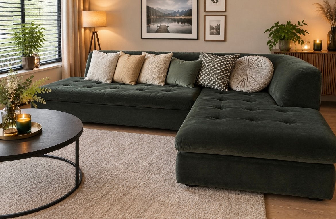 Hoeksalon groene velours, Ophalen, Zo goed als nieuw