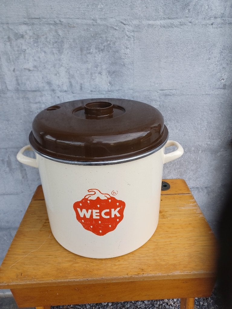 Complete Weck inmaakset - Emaille ketel, 50 potten & brander, Maison & Meubles, Cuisine | Casseroles & Poêles, Enlèvement, Émail
