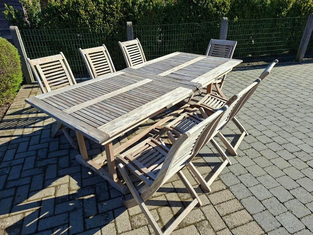 Teakhouten tuinset  met 7 plooistoelen, Ophalen, Tuinset