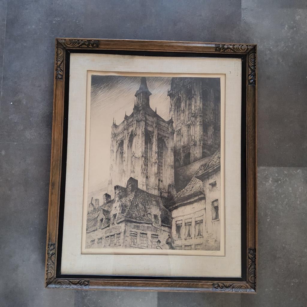 Ets Toren Kathedraal Antwerpen Jean Batenburg (1906-1990), Ophalen, Architectuur, Ingelijst, 74 cm