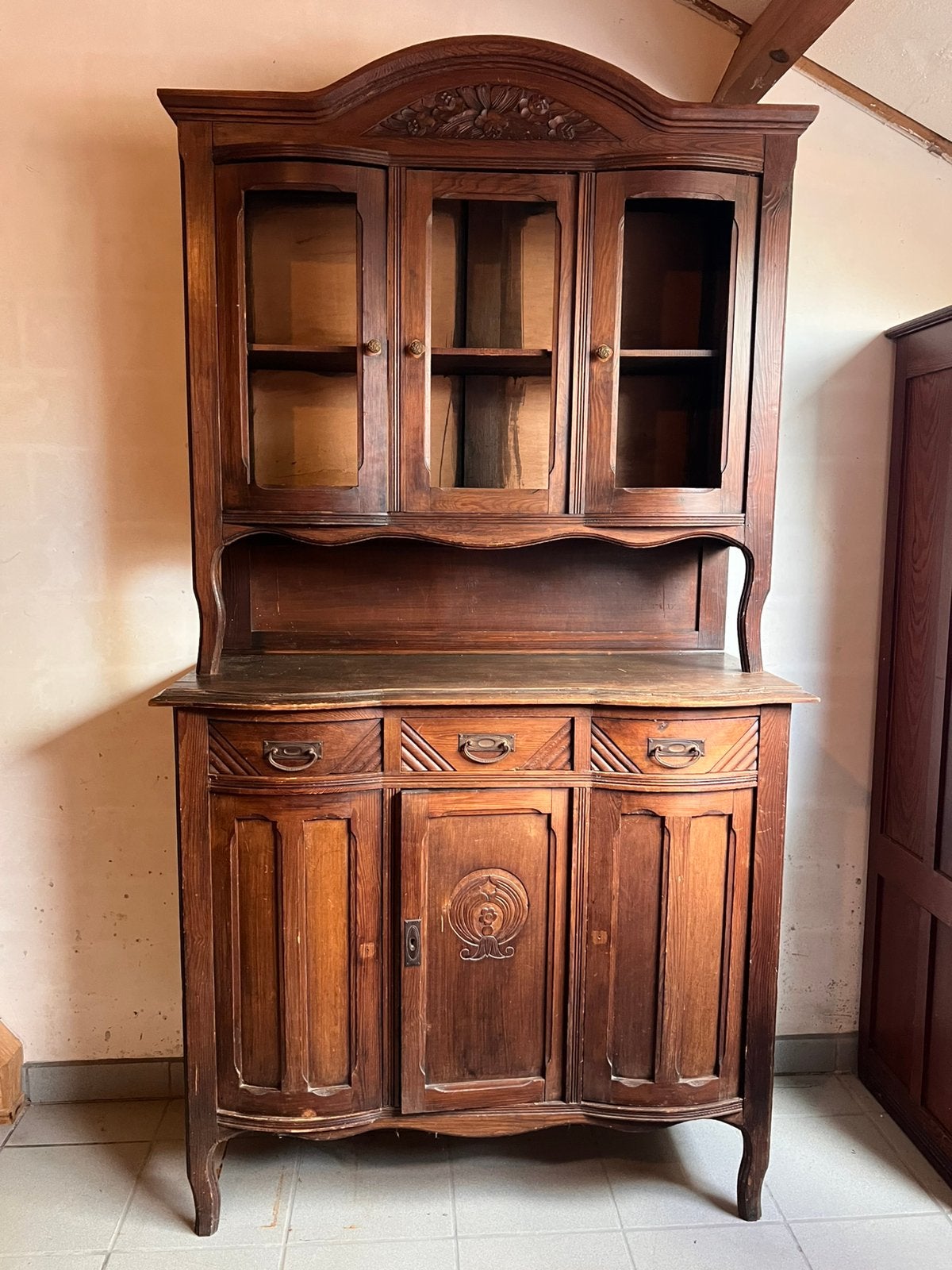 Vaisselier de style campagnard en pin 2 corps, Huis en Inrichting, Kasten | Buffetkasten, Ophalen, Gebruikt, Grenenhout