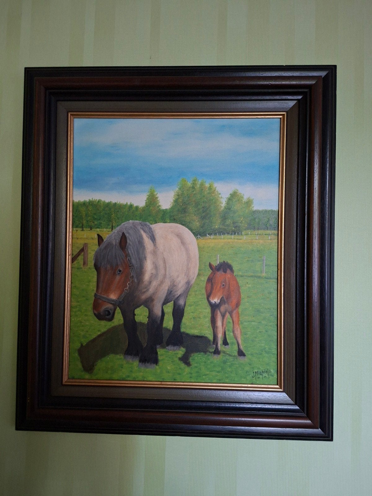 Schilderij met paarden., Antiek en Kunst, Ophalen, Doek, Dieren, Olieverf