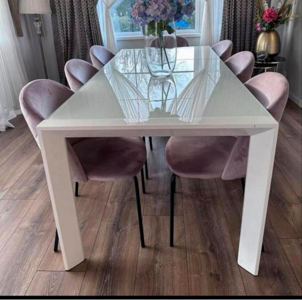 Metalen poten en glazen blad tafel ( UITSCHUIFBAAR ) Weba., Gebruikt, 200 cm of meer, Vijf personen of meer, Rechthoekig