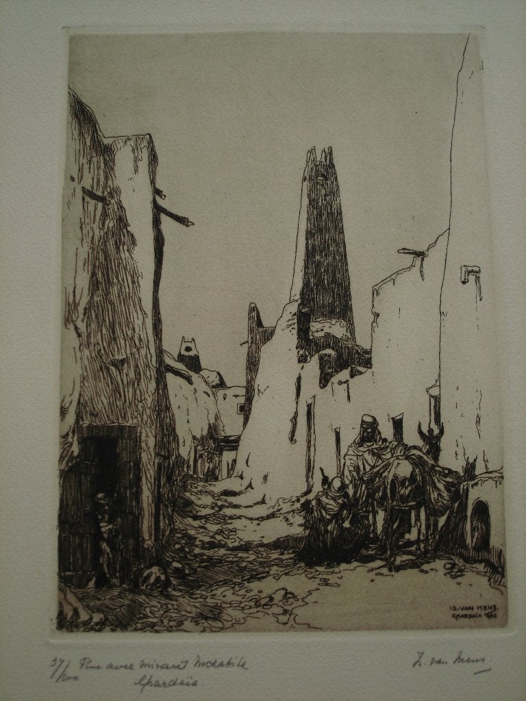 1926 Ghardaïa minaret Mozabite Orient, Isidoor Van Mens ets, Antiek en Kunst, Kunst | Etsen en Gravures, Ets, Gesigneerd, Ophalen of Verzenden