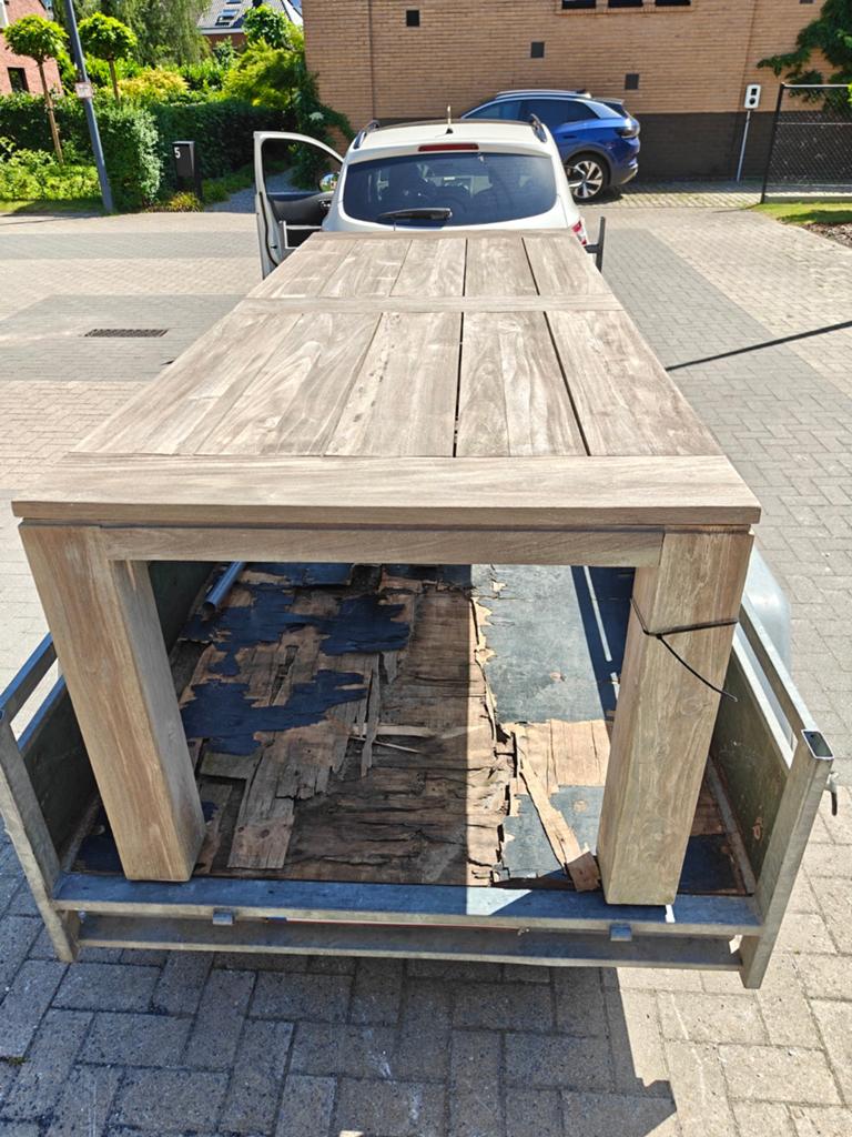 Teak tafel 6 personen met stoelen en kussens, Tuin en Terras, Ophalen, Zo goed als nieuw