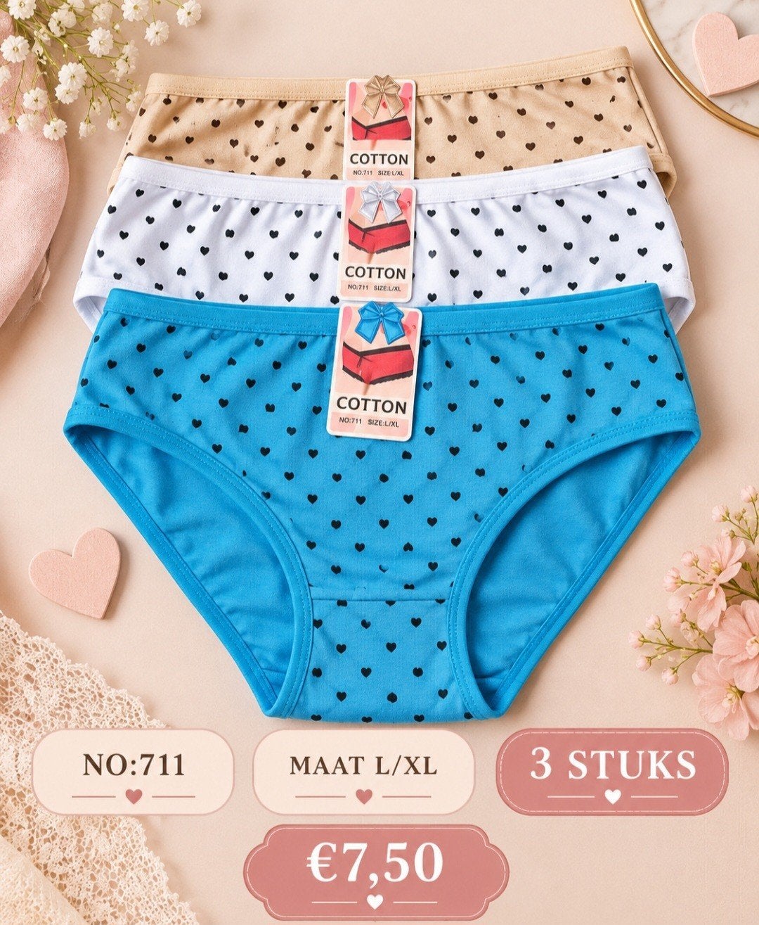 Katoenen Slips 3x Nieuw Maat L/XL, Kleding | Dames, Ophalen of Verzenden, Beige, Slip