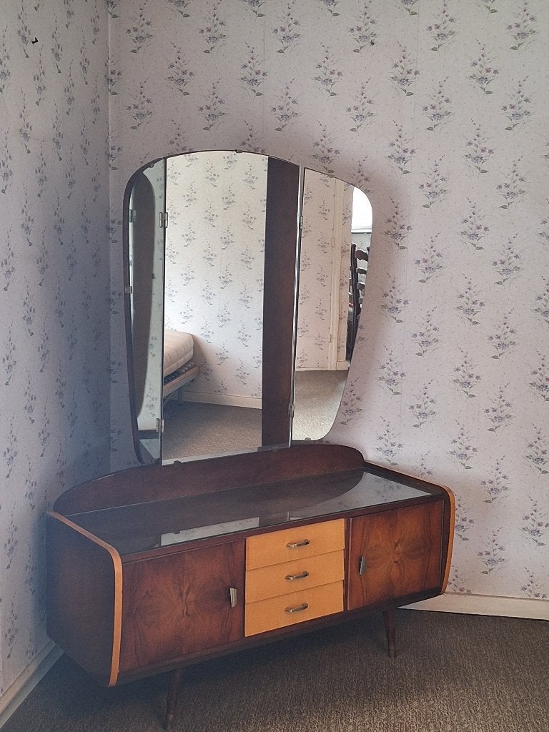 Coiffeuse vintage du milieu du siècle avec miroir, Verre, Enlèvement, Avec tiroir(s), Mid-Century, Vintage en Retro